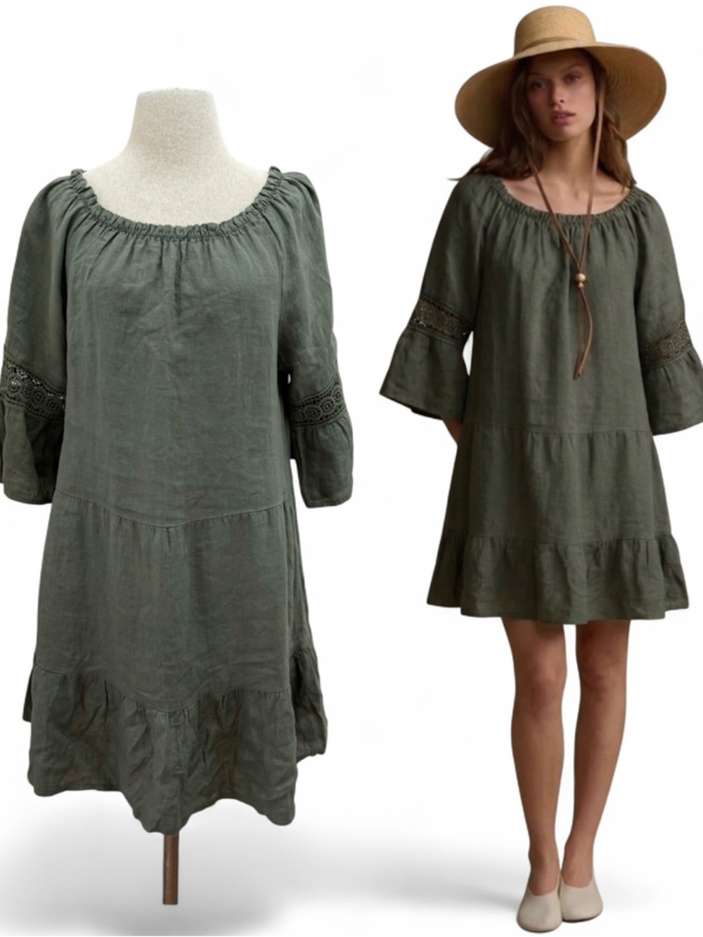 Terzo Millennio Green 100% Linen Crochet Lace Dress Medium Cottage Core Coastal